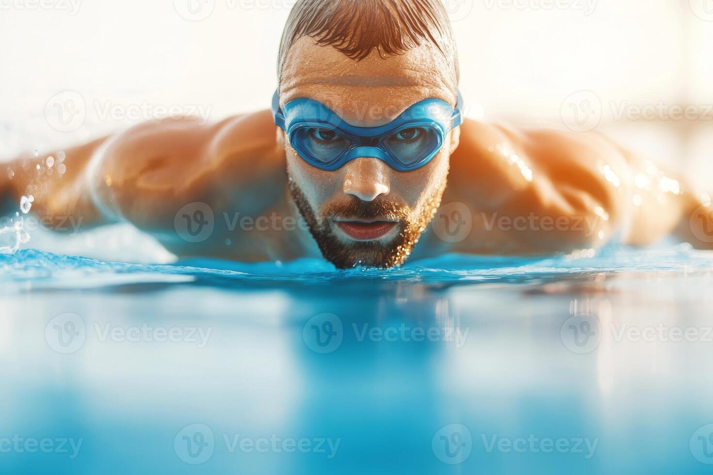 A competitive swimmer focuses on the finish line during a training session in a sunny outdoor pool in the afternoon photo