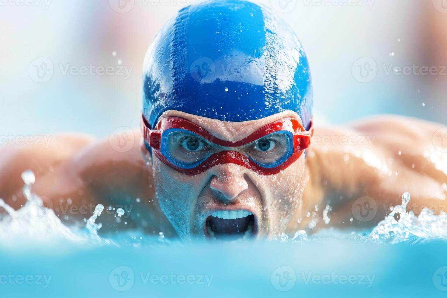 Competitive swimmer training at the pool, focused on winning during a sprint lap in bright blue swim cap and goggles photo