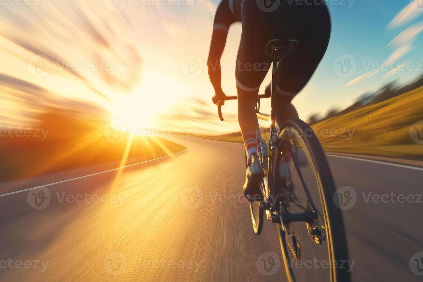 A cyclist rides briskly along a winding road at sunset, embracing the freedom of an evening adventure photo