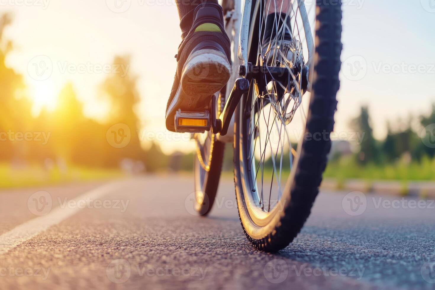 A person is pedaling a bicycle down a paved path, illuminated by the warm glow of the setting sun photo