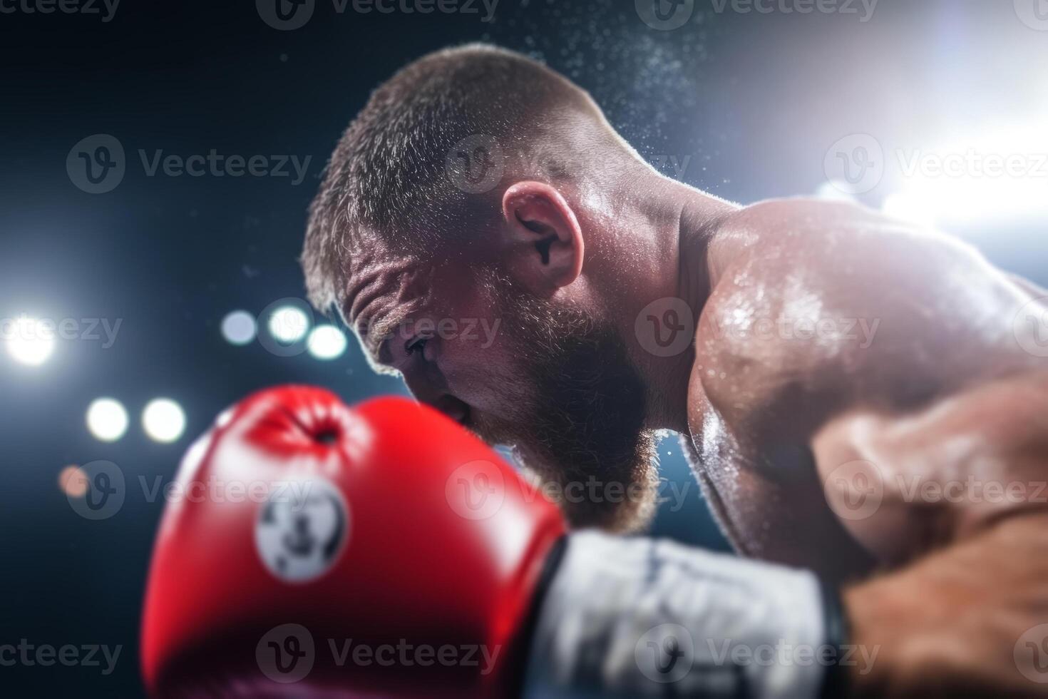 Boxer prepares for a powerful strike during an intense match in the ring, showcasing determination and focus under bright lights photo