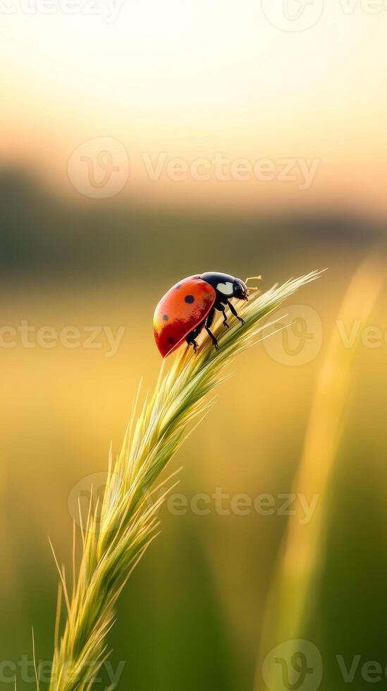 Close-up of a ladybug resting on a green blade of grass during a golden hour in a serene field landscape photo