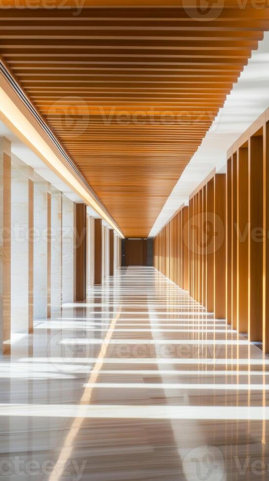 Modern corridor with wooden ceiling beams and natural light illuminating polished marble floor in a contemporary building photo