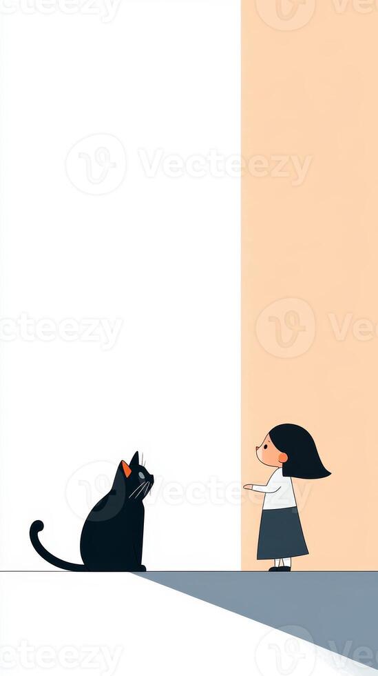 Little girl interacts with a large black cat in a minimalist artistic setting featuring soft colors and geometric shapes photo