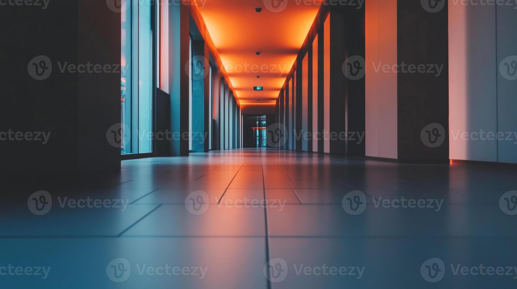 A modern corridor illuminated by orange lights in a contemporary building during twilight with reflections on polished tiles photo