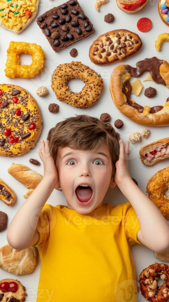 Excited child surrounded by a variety of colorful pastries and desserts while expressing joy and surprise photo