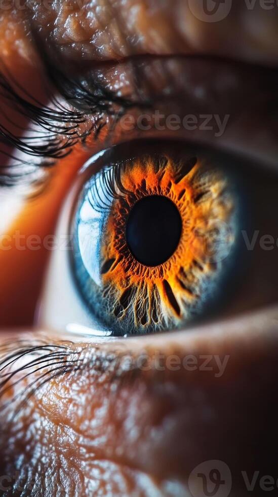 Close-up of a person's eye showcasing vibrant orange and blue iris patterns with fine details of eyelashes during daylight photo