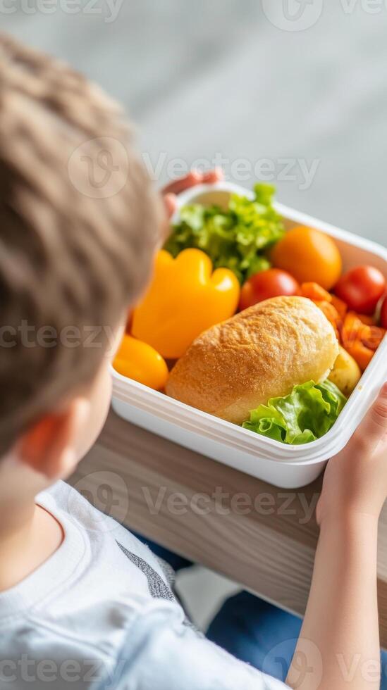 A young child enjoys a colorful lunch with vegetables and a sandwich at a bright kitchen table photo