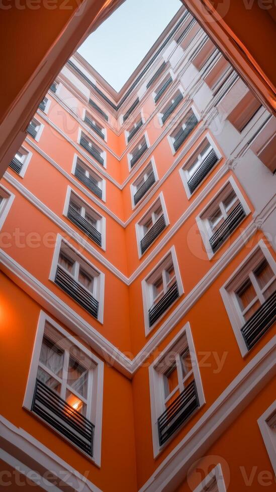 Exploring the vibrant architecture of an orange courtyard in a multi-story urban building under a cloudy sky during the day photo