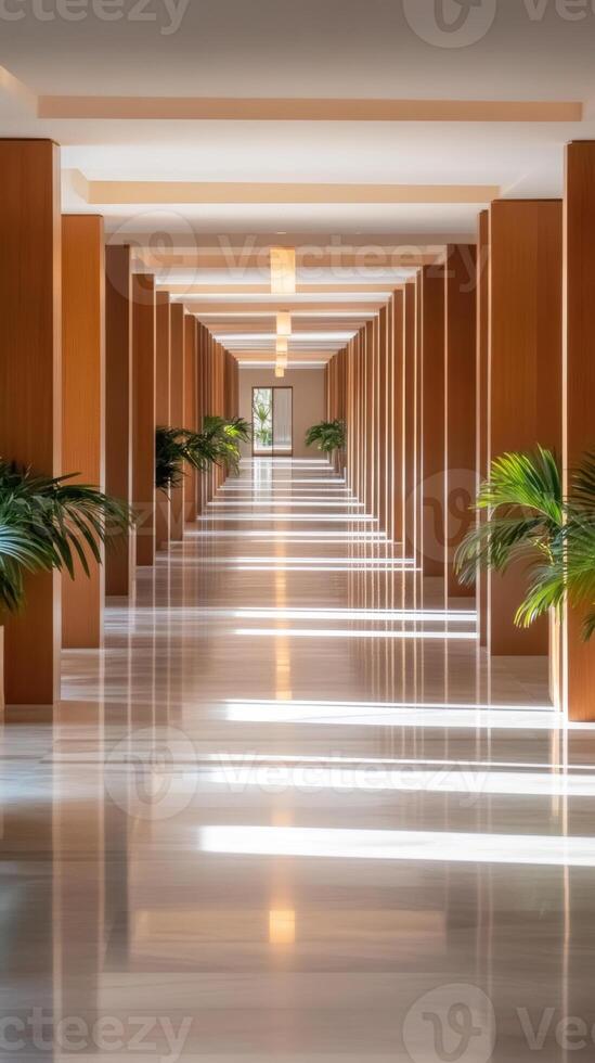 Elegant corridor with sunlight illuminating the polished floor and lush greenery in a contemporary architectural setting photo