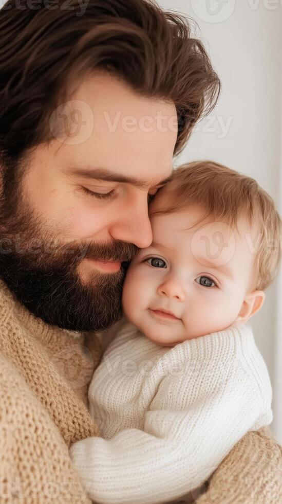 A father lovingly embraces his baby in a cozy indoor setting, showcasing the bond between them during a quiet moment photo