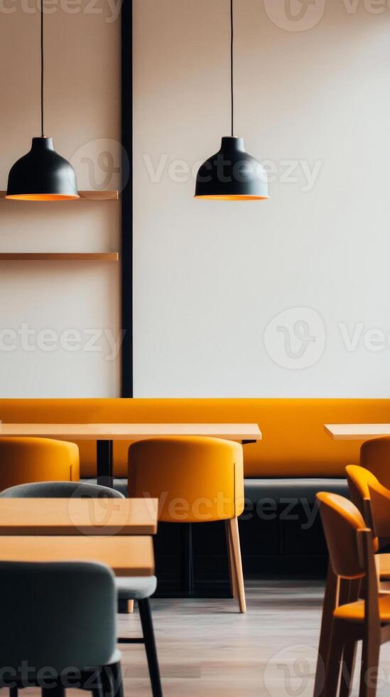 Bright modern cafe interior with wooden tables and stylish pendant lights in a warm color scheme photo
