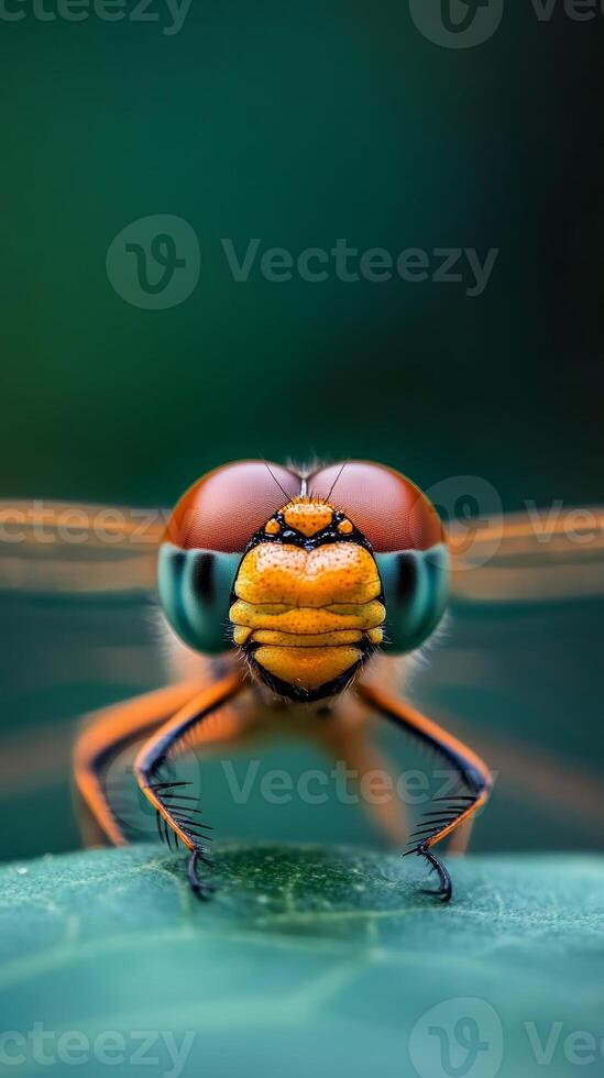 Close-up of a dragonfly resting on a leaf in a serene setting with soft green background at midday photo