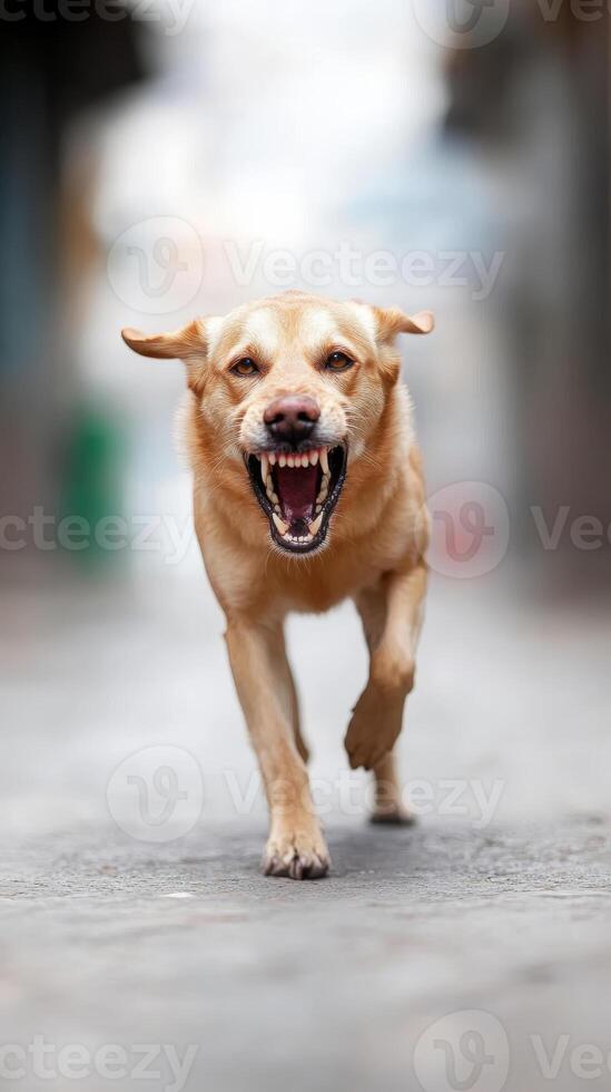 A rabid stray dog bares its teeth as it runs along a narrow city street during the daytime. photo