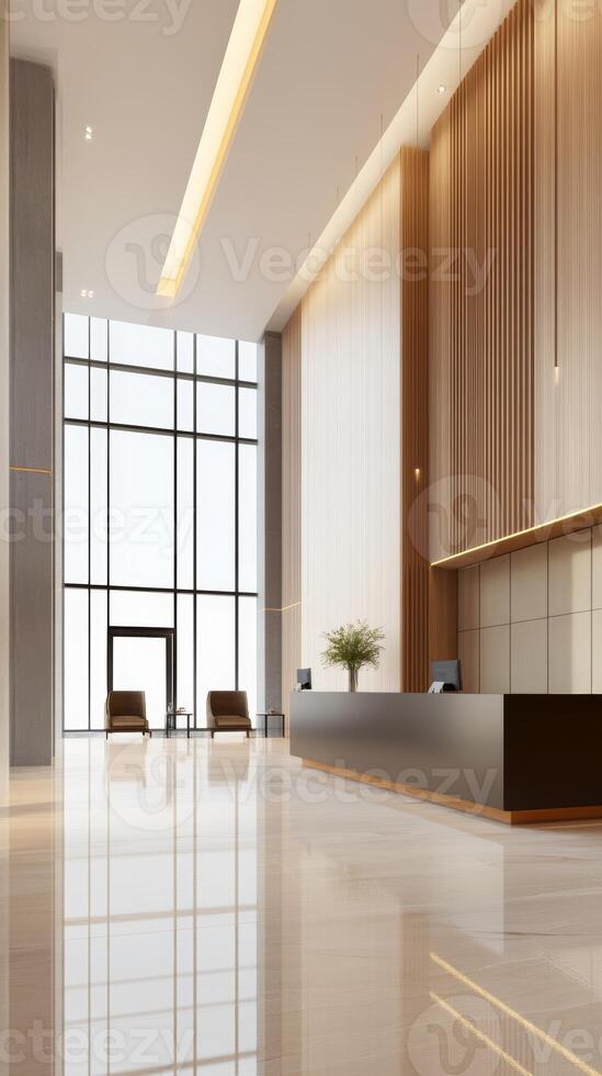 Modern lobby interior design featuring sleek reception area and elegant wooden accents in a bright, spacious setting photo