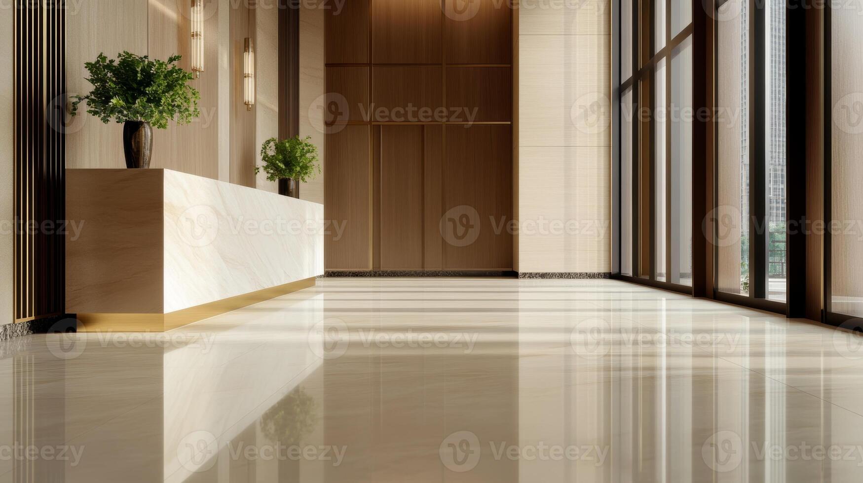 Modern interior lobby with polished floors, potted plants, and large windows showcasing natural light during daytime photo