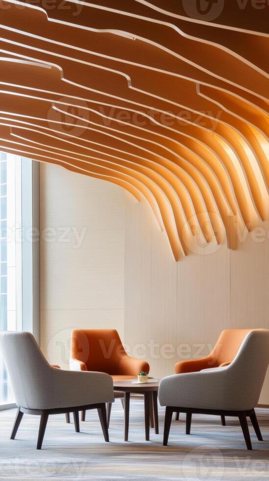 Modern lounge area with unique wooden ceiling design and stylish armchairs for relaxation photo