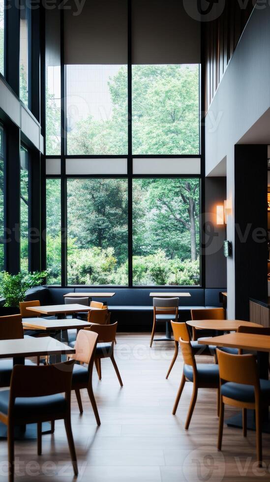 A serene dining area with large windows overlooking greenery in a modern restaurant during the day photo
