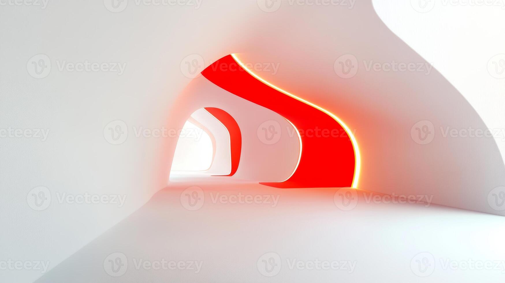 Futuristic white corridor with vibrant red lighting in a contemporary architectural space during daytime photo