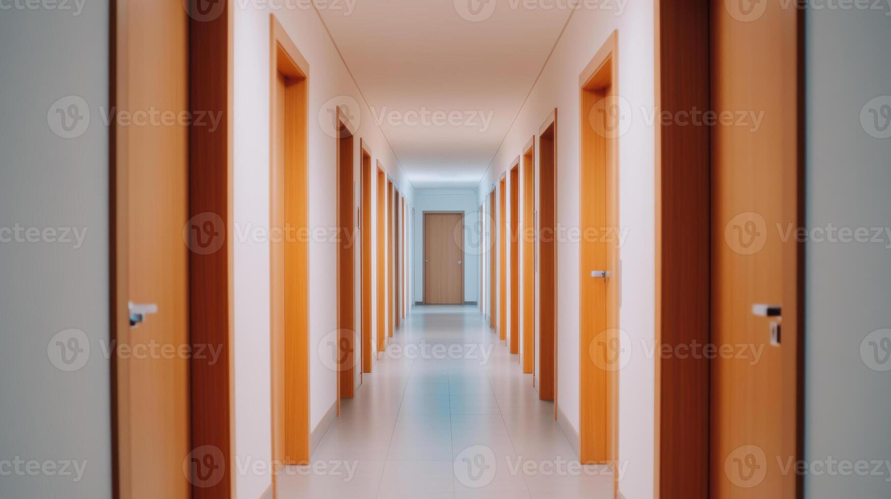 A long, empty corridor lined with wooden doors, illuminated by soft lighting, creating an ambiance of tranquility in a modern building photo