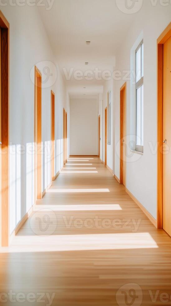 Brightly lit corridor showcasing multiple wooden doors in a modern building during daylight hours photo