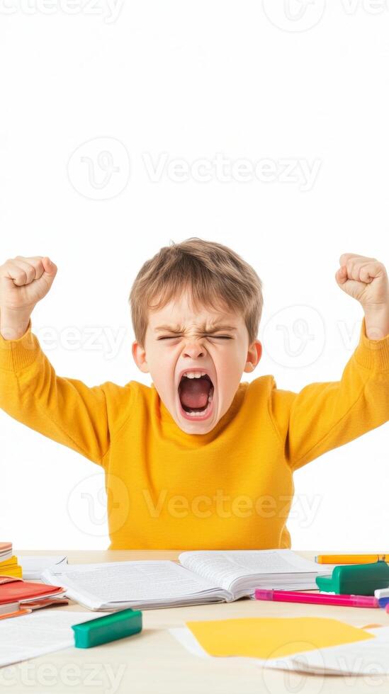 Young boy in a yellow sweater expressing frustration while studying at a desk filled with school supplies during homework time photo