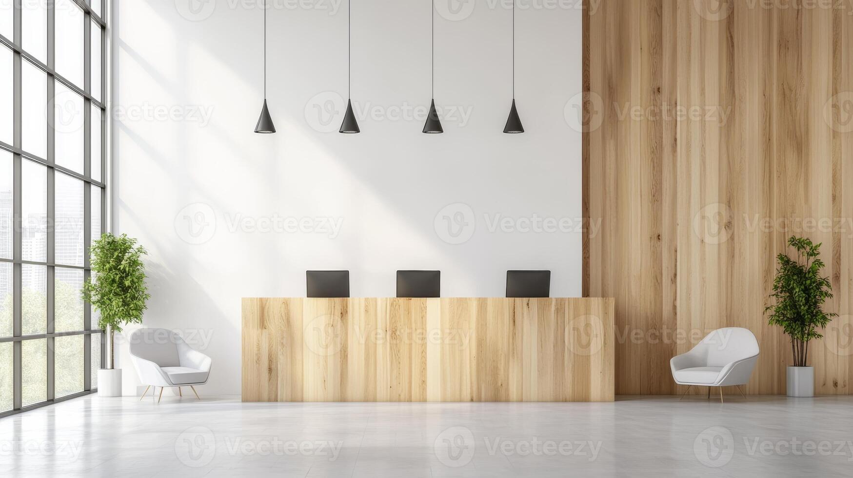 Modern reception area with wooden walls and large windows in a contemporary building during daylight photo