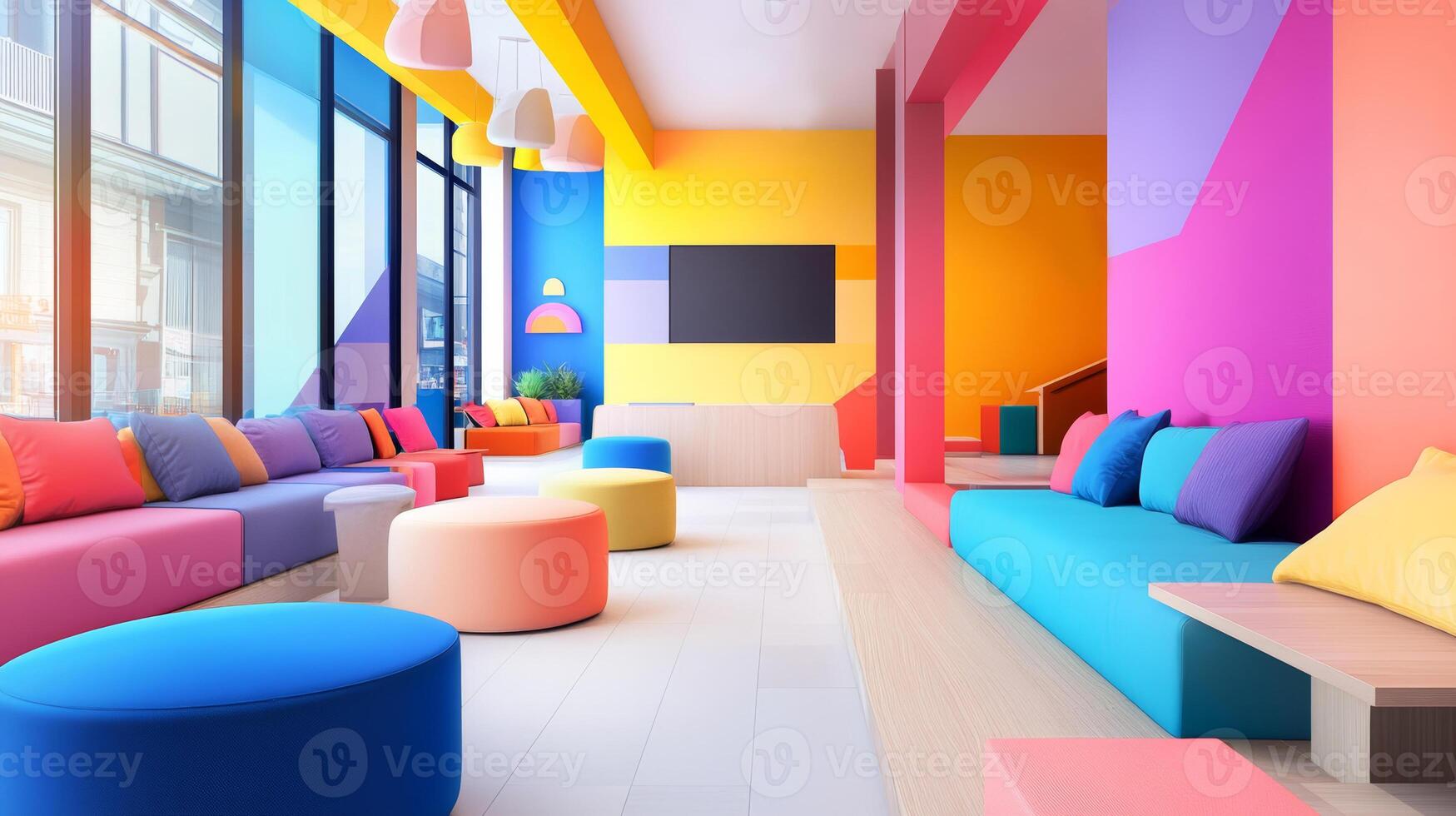 Brightly colored lounge with modern seating in a vibrant, playful interior during daylight hours photo