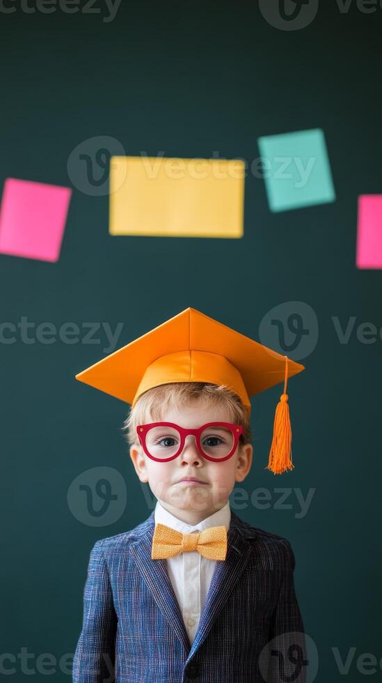 Young boy in a graduation cap and glasses celebrates his accomplishments against a colorful background in a well-dressed outfit photo