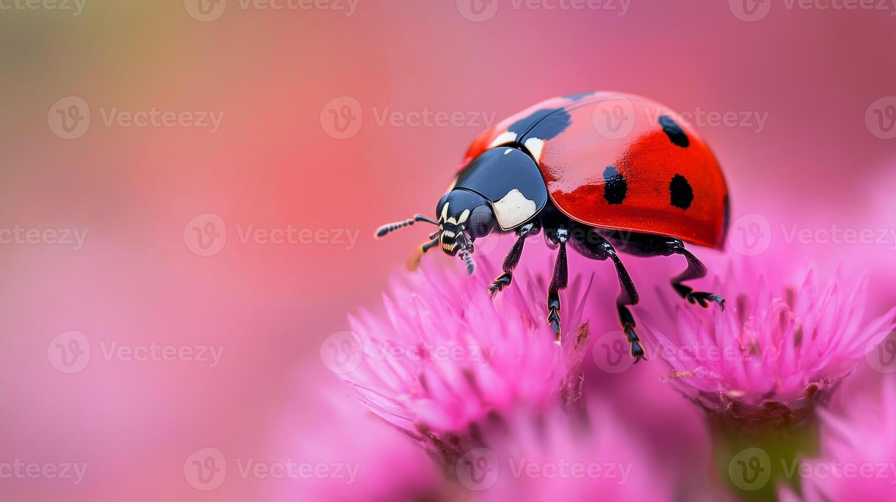 A close-up view of a ladybug perched on vibrant pink flowers during a sunny day in a garden photo