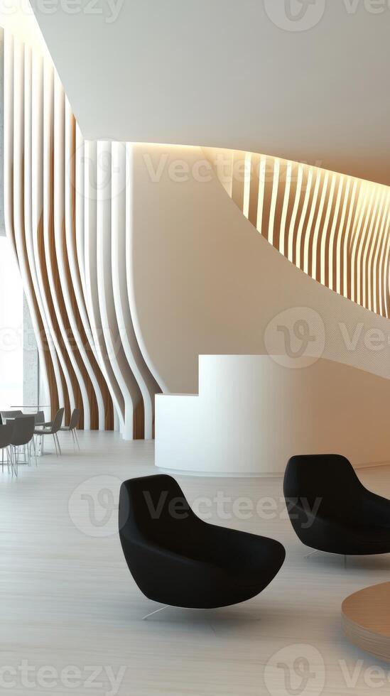 Modern interior design of a spacious lounge area featuring unique curved walls and contemporary seating in a well-lit environment photo