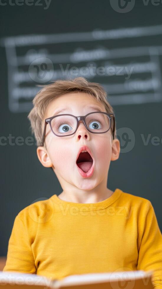 Young boy wearing glasses expresses surprise in classroom setting during an engaging learning activity photo