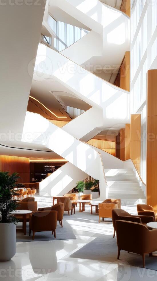 Modern architectural design of a bright lobby featuring a unique staircase, cozy seating, and large windows illuminated by sunlight photo