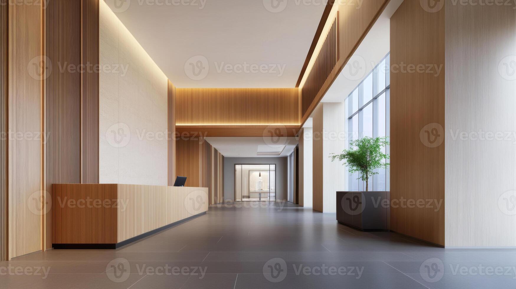 Modern reception area featuring warm wooden accents and natural lighting in a contemporary office building photo