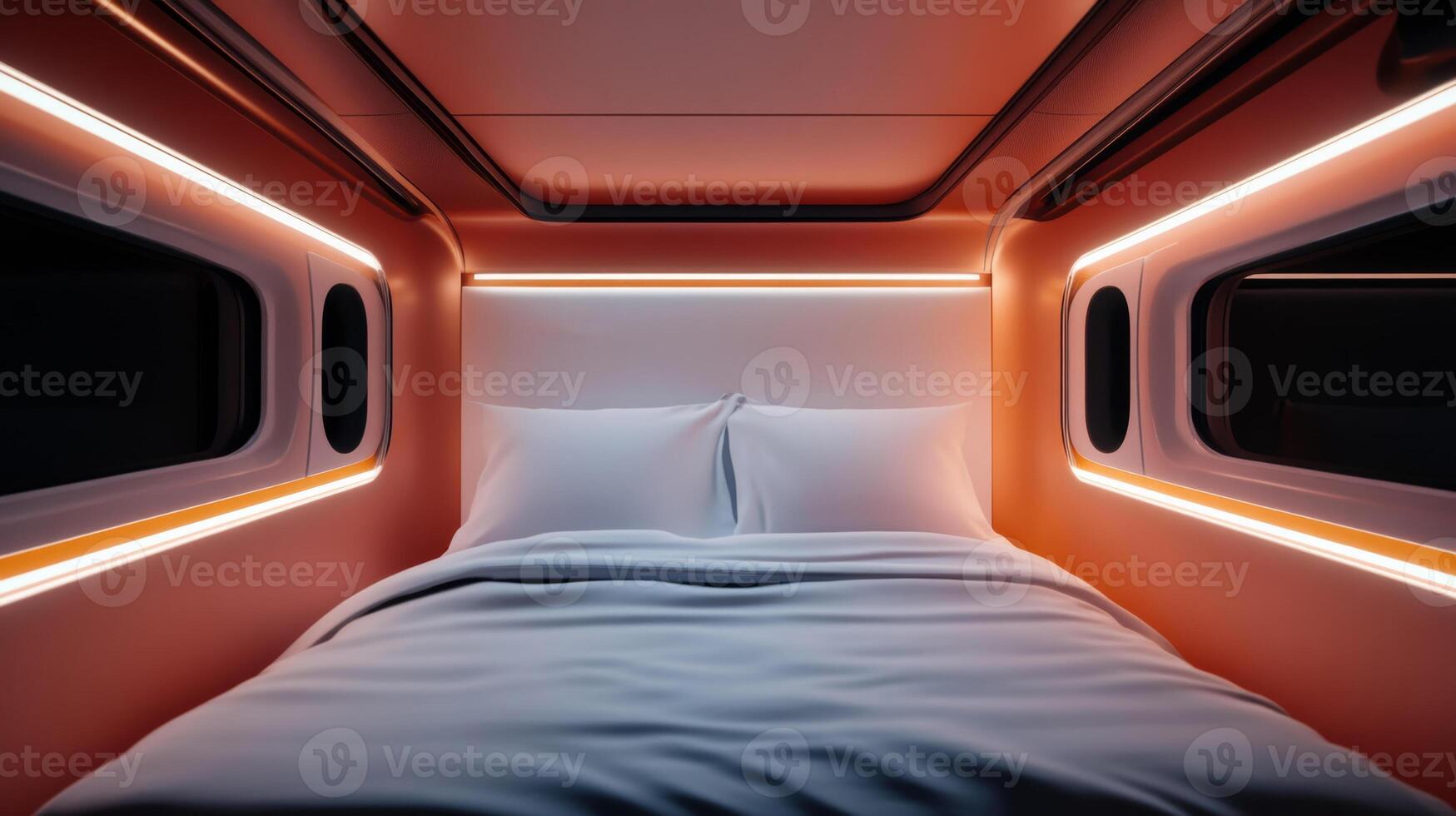 Modern sleeping pod with soft lighting and minimalistic design in a cozy space for restful nights photo
