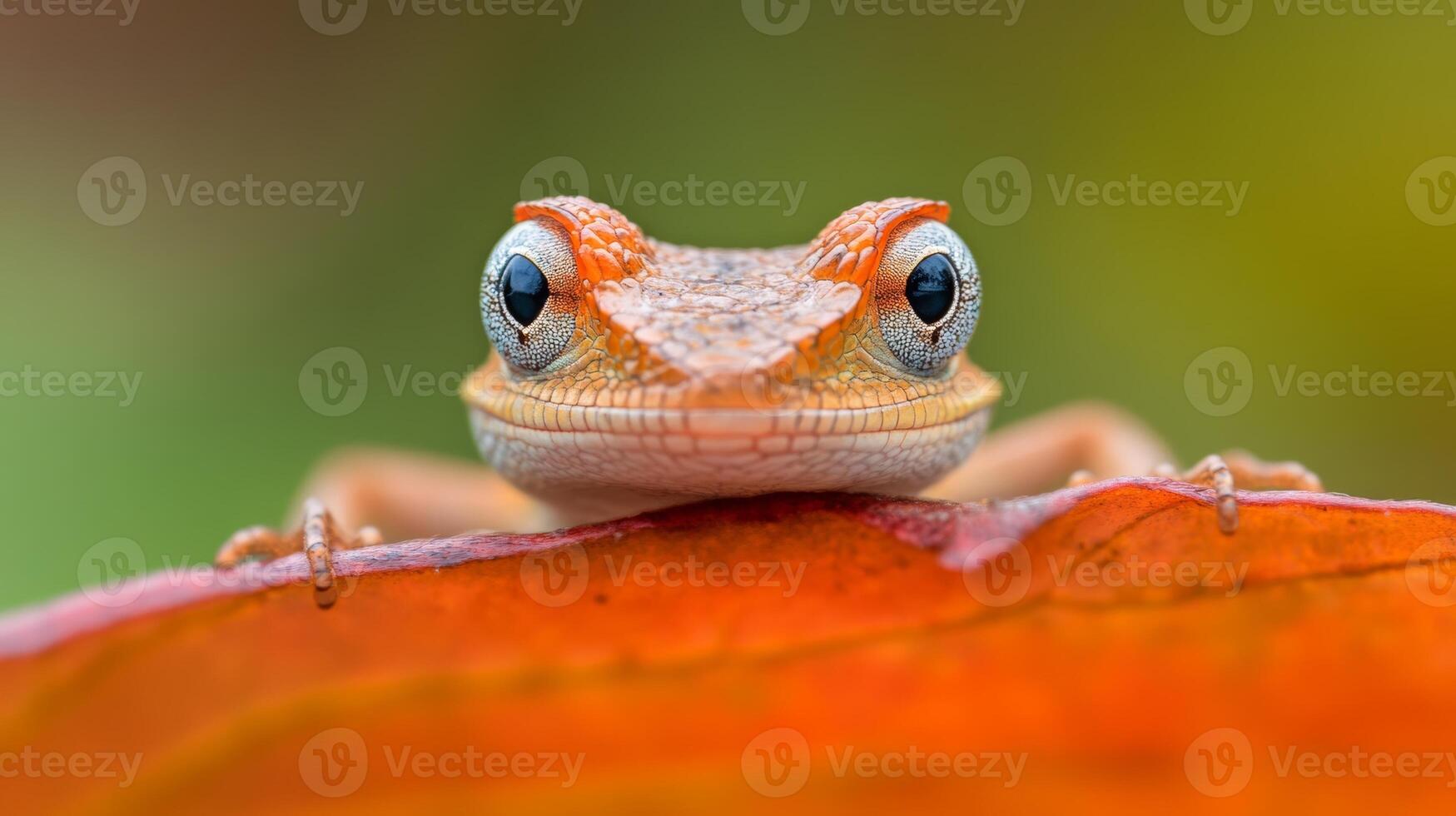 A close-up of a vibrant frog perched on a colorful leaf against a blurred natural background in a tropical setting photo
