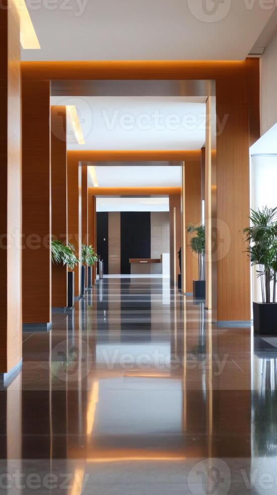 Modern hallway inside a sleek office building showcasing polished floors and vibrant greenery in the early afternoon light photo