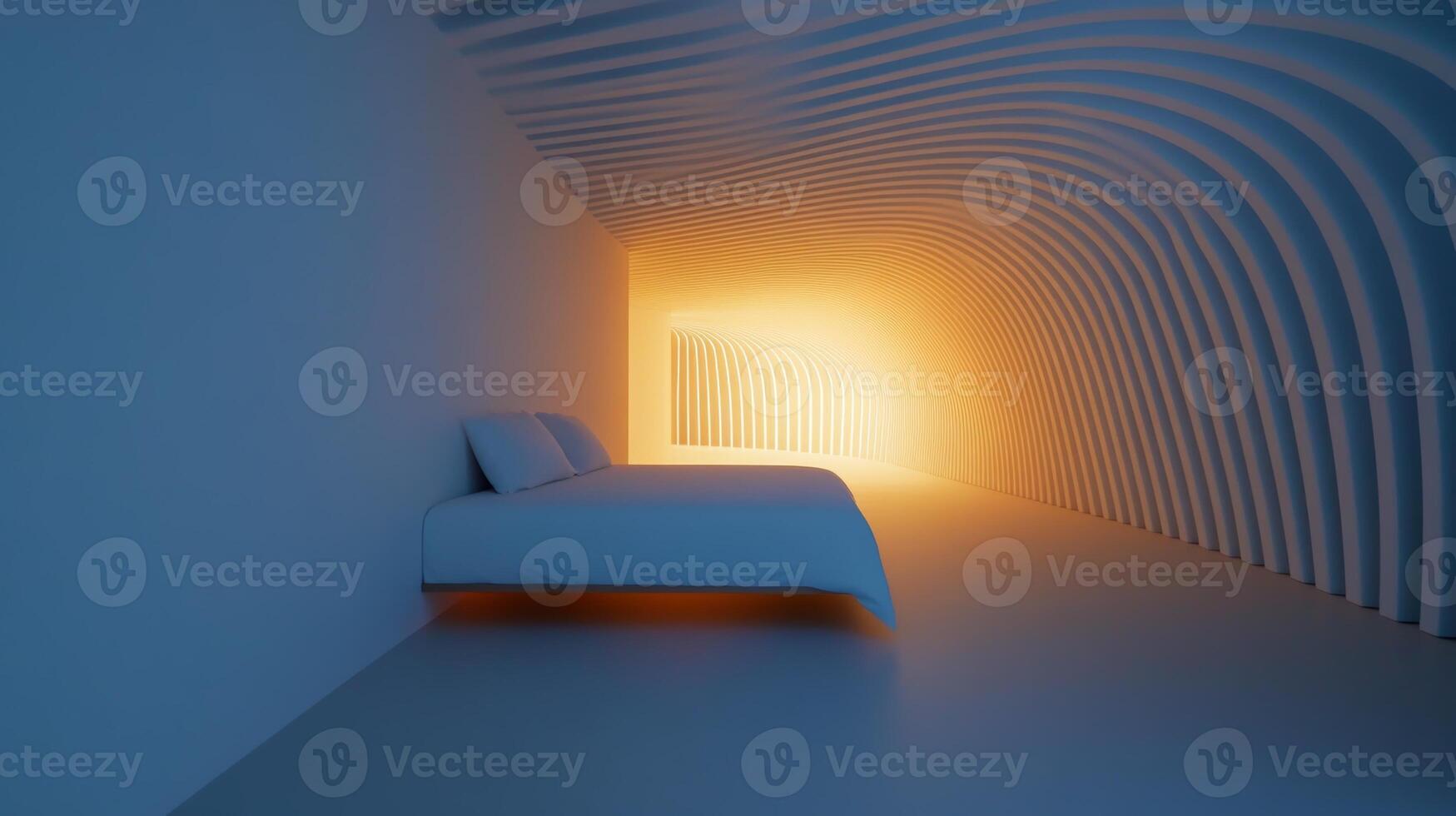 A modern bedroom with unique wave-like walls illuminated by warm light in a minimalist design photo