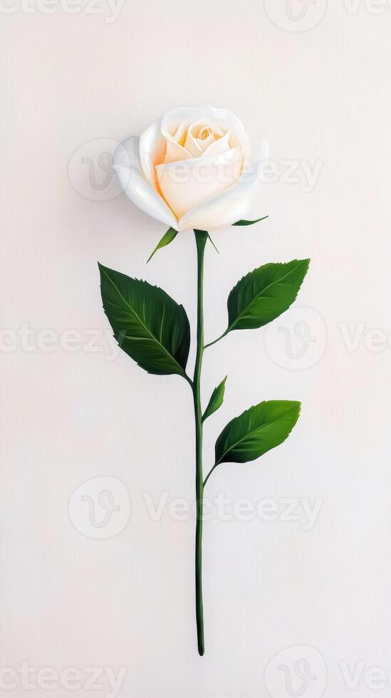 A delicate white rose with soft yellow hues resting against a neutral background, illustrating elegance and beauty photo