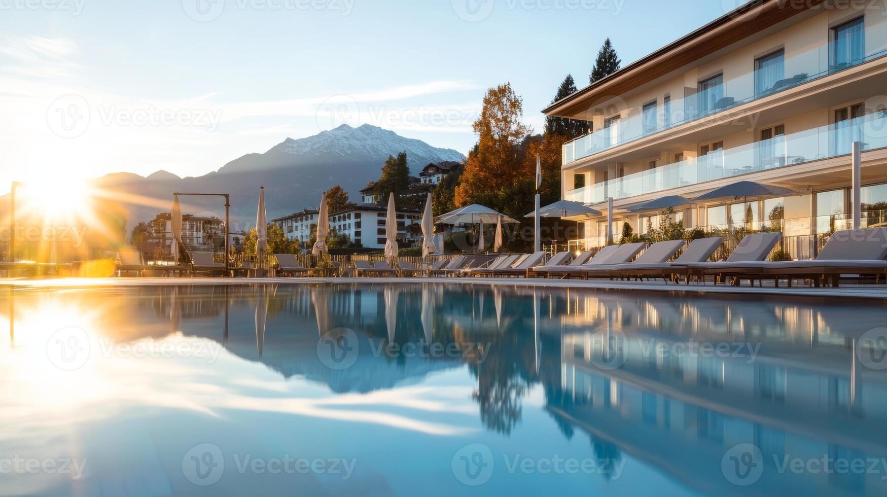 Serene mountain view at dawn reflecting in a tranquil swimming pool with lounge chairs in a luxury resort photo