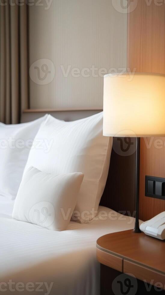 Cozy hotel room with soft white bedding, bedside lamp, and warm ambiance in a modern setting photo