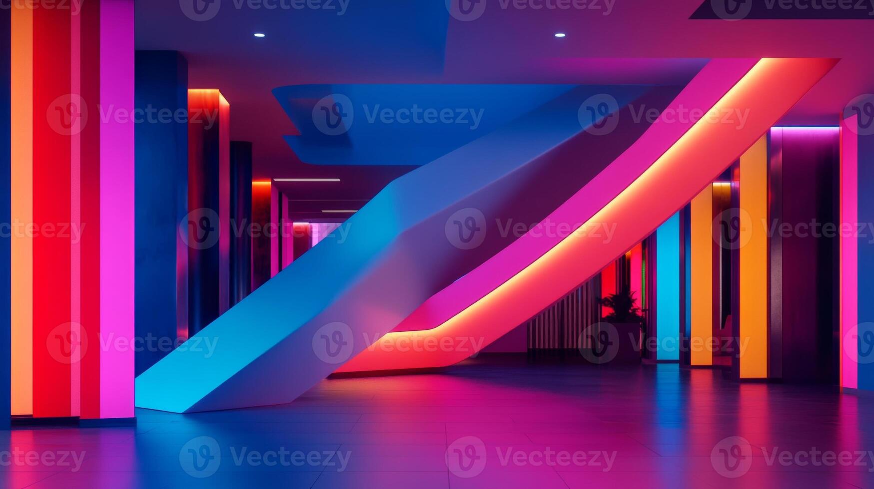 A vibrant display of neon lights illuminates an architectural space with colorful gradients in a modern interior design setting photo