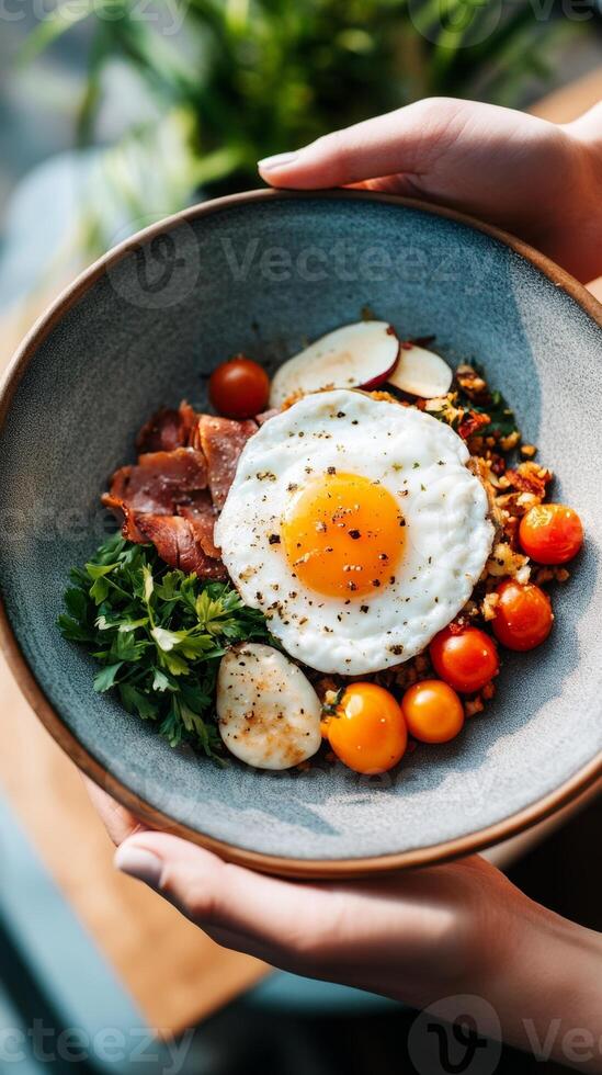 Delicious breakfast bowl featuring a sunny-side-up egg, fresh vegetables, prosciutto, and herbs in a natural setting with soft lighting photo