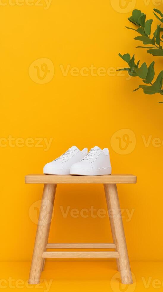 White sneakers displayed on a wooden table against a vibrant yellow background with greenery, creating a cheerful atmosphere photo