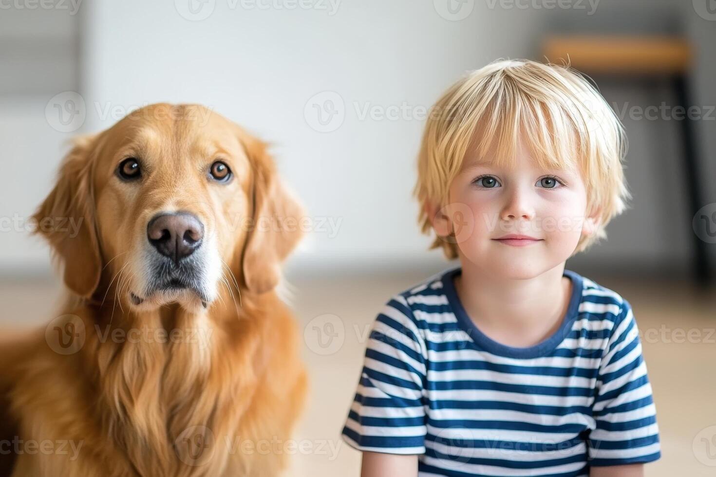 A golden retriever sits beside a smiling child in a bright, modern living room during the day photo