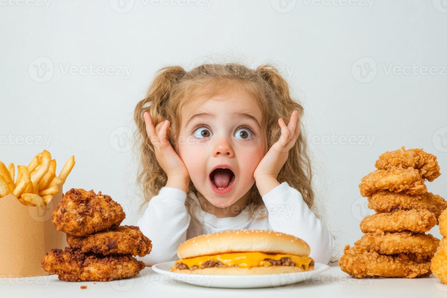 Excited child expressing joy with a burger surrounded by fried chicken and fries in a bright kitchen setting photo