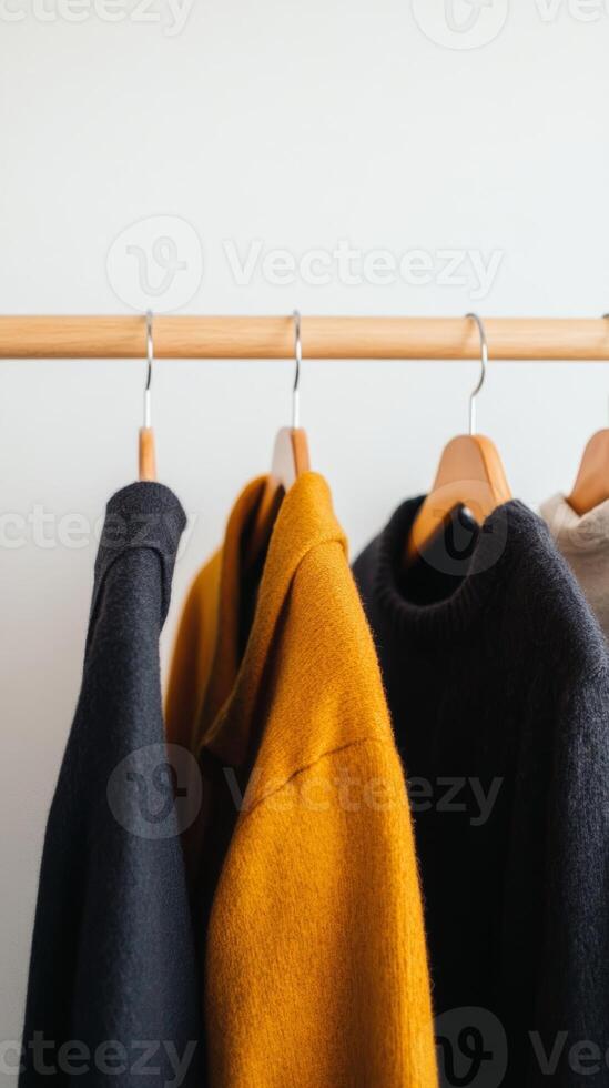 A collection of cozy sweaters hanging on a wooden rack in a stylish indoor setting during the day photo