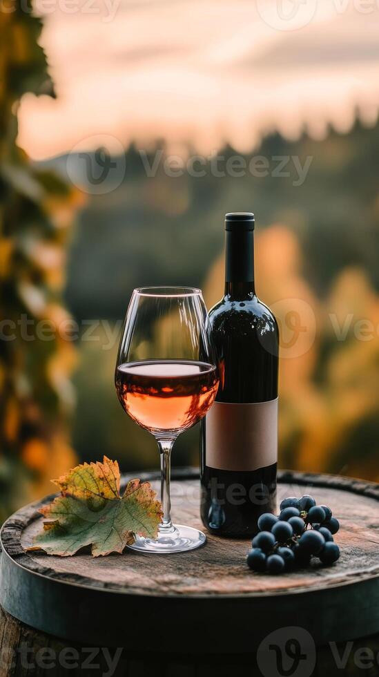 Elegant glass of rose ine beside a bottle and fresh grapes on a wooden barrel in a vineyard at sunset photo