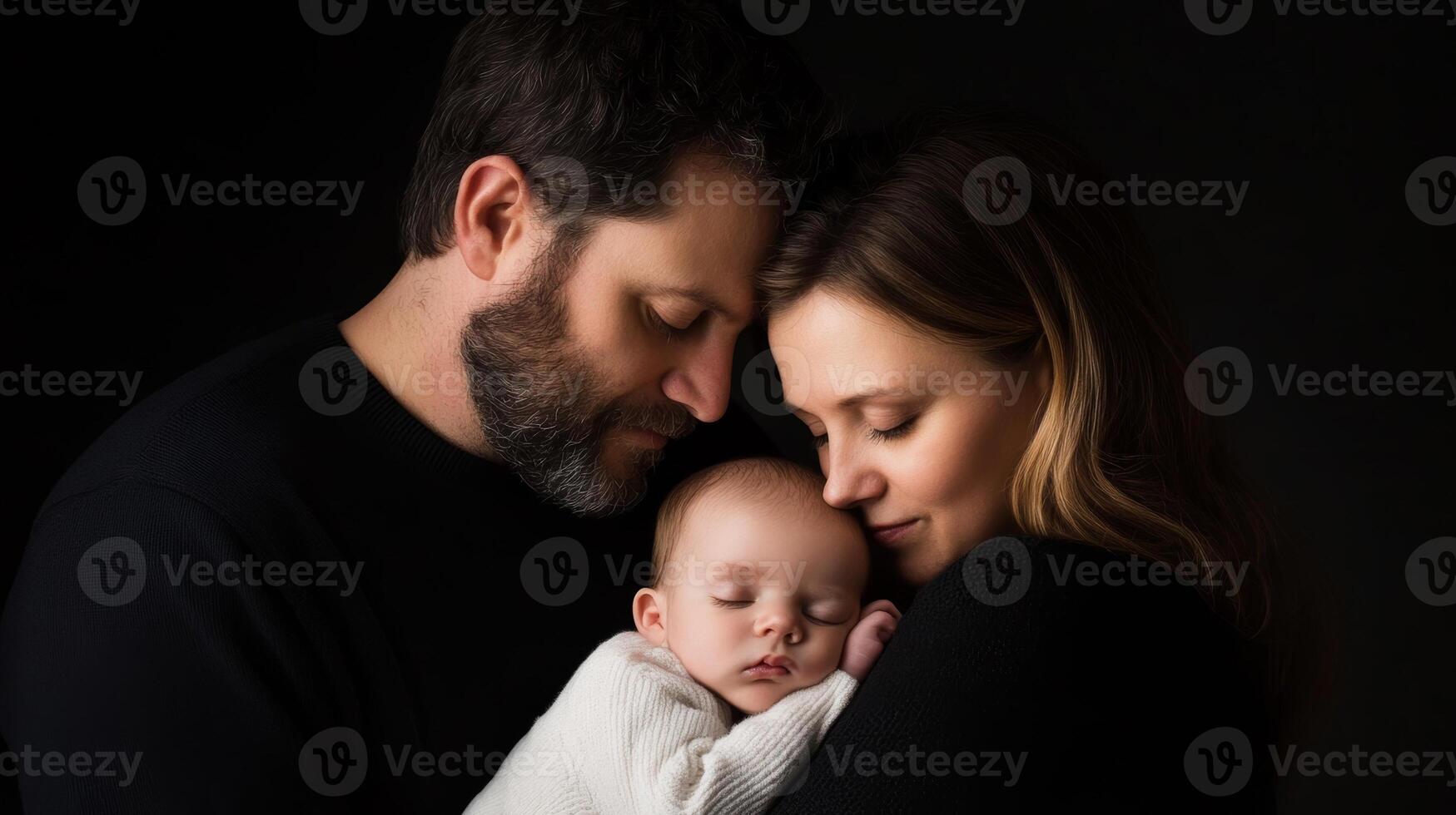 A tender moment shared between parents and their newborn baby in a dimly lit setting, creating an intimate and warm family portrait photo