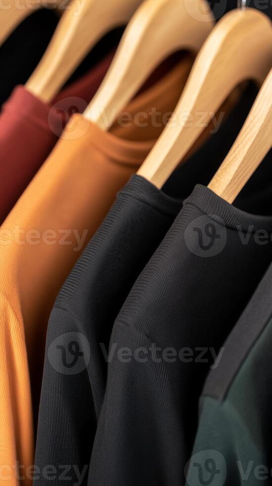 Colorful assorted t-shirts hanging on wooden hangers in a trendy clothing store during daylight photo
